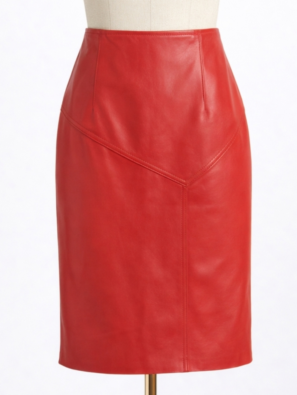Vintage 80s Lanna Red Leather Pencil Skirt High Waisted Asymmetric Size 10 Small - Picture 1 of 14